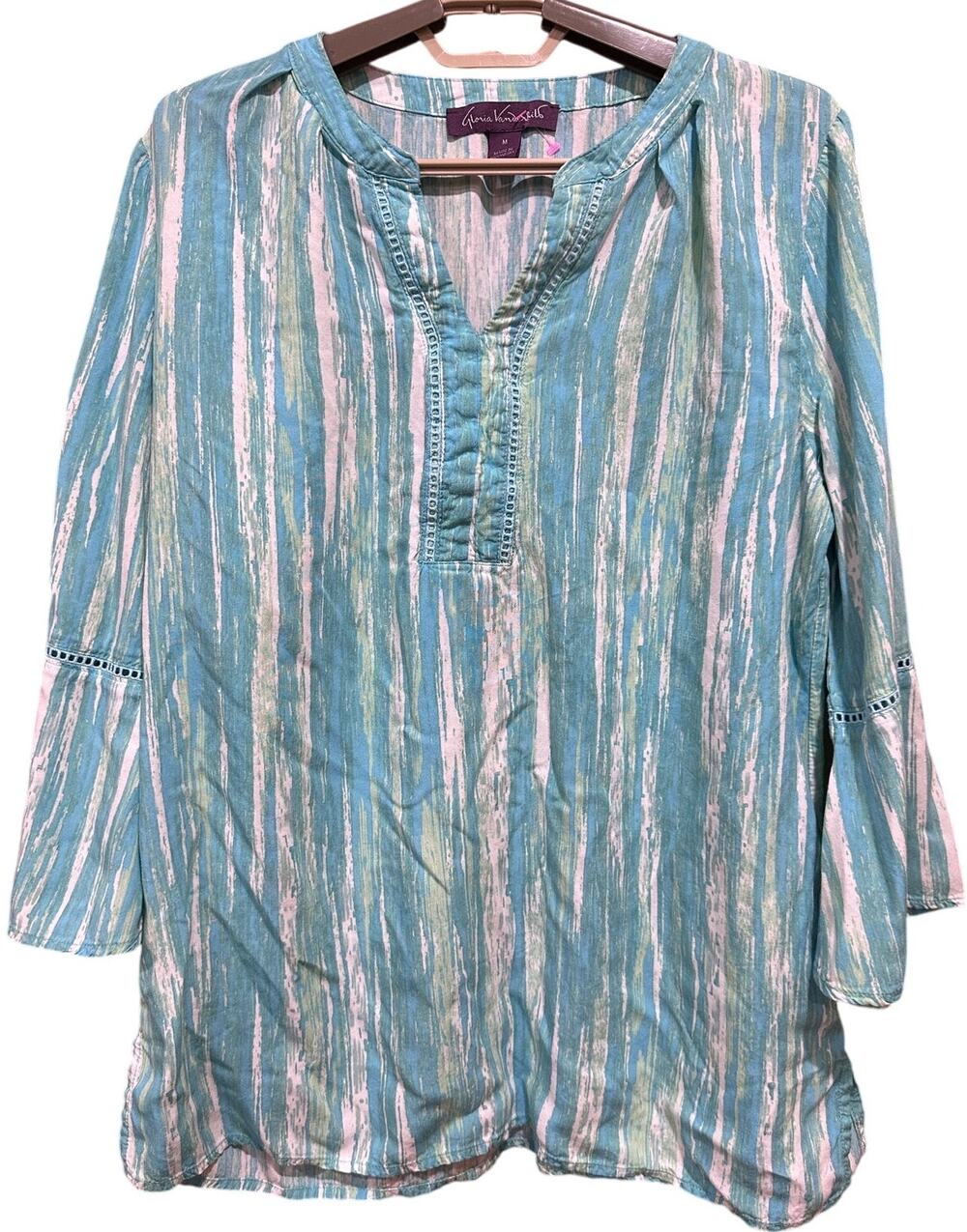 Gloria Vanderbilt Tunic Blouse Size M Blue Green White Bell Sleeves Boho Hippie